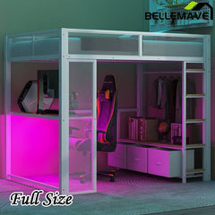 Bellemave® Full Size Metal Gaming Loft Bed with LED, Desk, Open Wardrobe and 3 Linen Storage Drawers - Bellemave