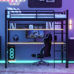 Bellemave® Full Size Metal Loft Bed Frame with Storage Shelf and LED Light - Bellemave