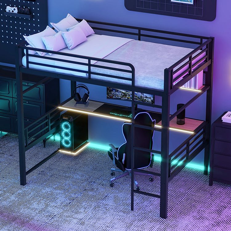Bellemave® Full Size Metal Loft Bed Frame with Storage Shelf and LED Light - Bellemave