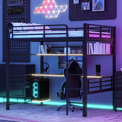 Bellemave® Full Size Metal Loft Bed Frame with Storage Shelf and LED Light - Bellemave
