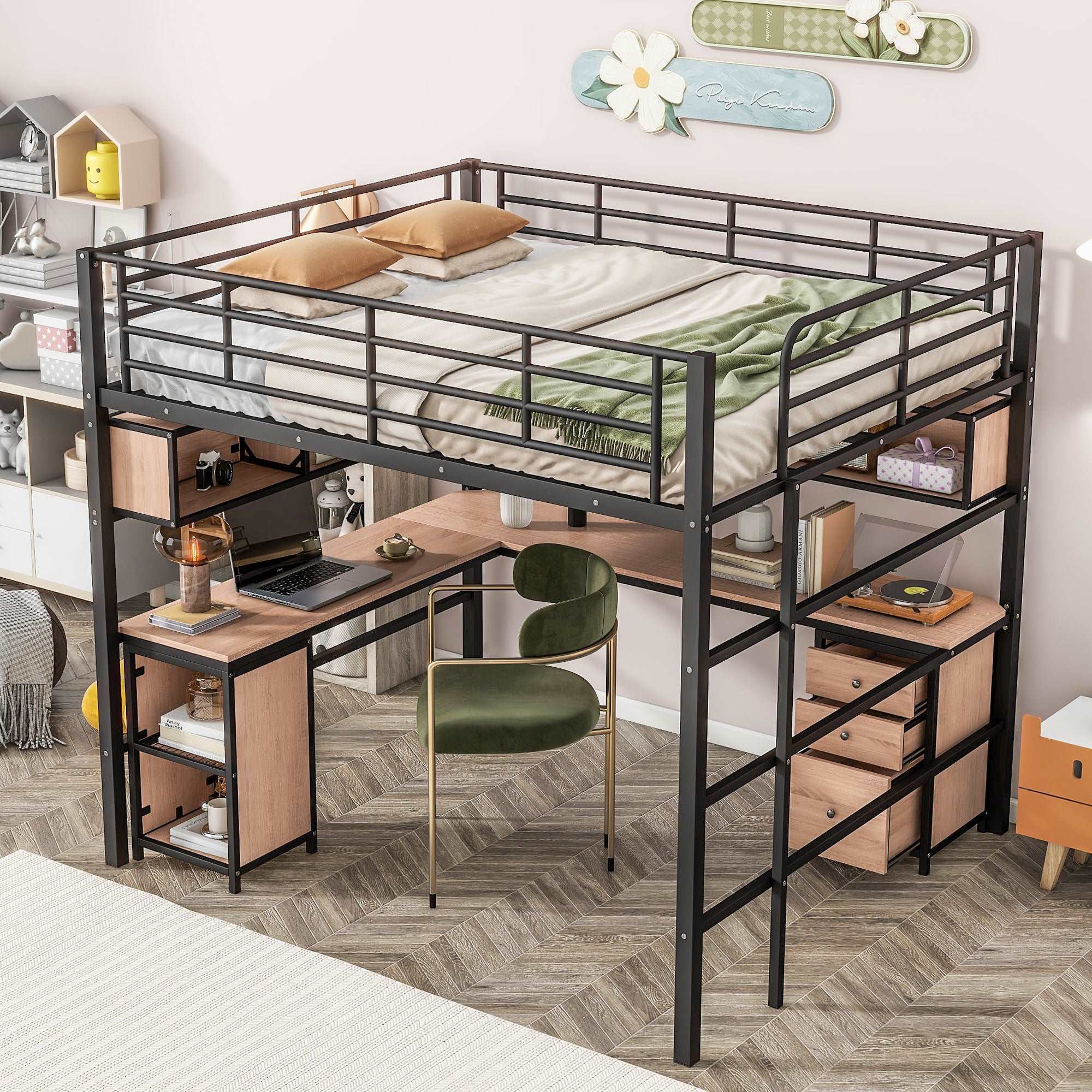 Bellemave® Full Size Metal Loft Bed with Bookcase, Desk and Cabinet - Bellemave