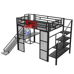 Bellemave® Full Size Metal Loft Bed with Built - in Desk, Open Wardrobe, Basketball Hoop, Slide and Staircase - Bellemave