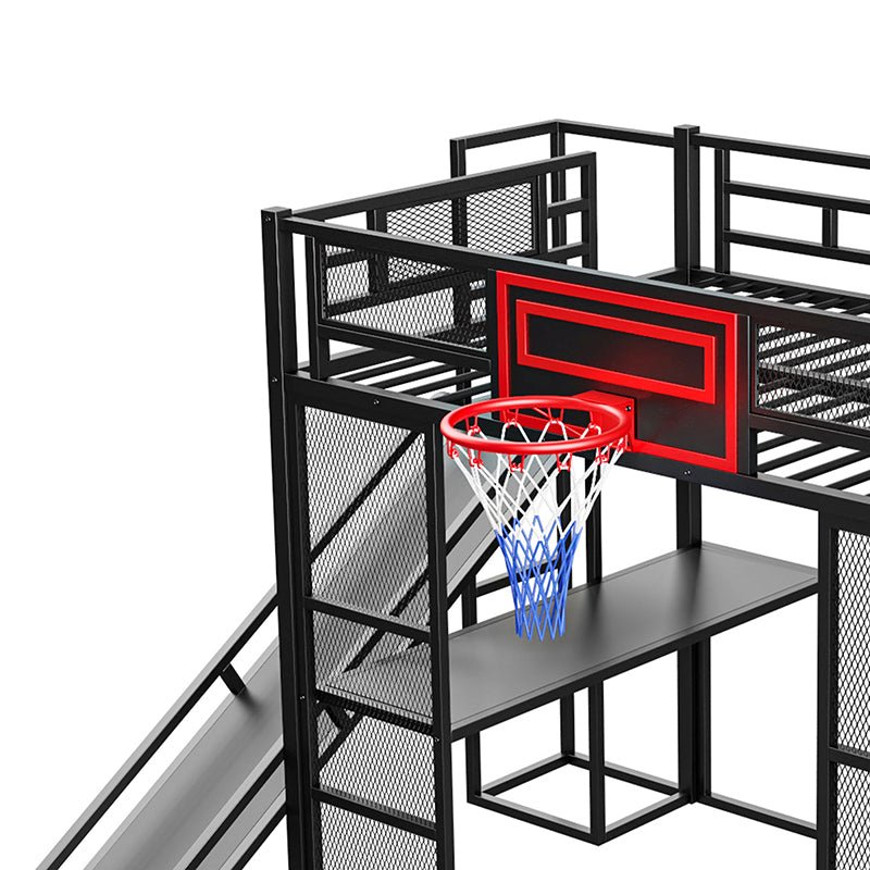 Bellemave® Full Size Metal Loft Bed with Built - in Desk, Open Wardrobe, Basketball Hoop, Slide and Staircase - Bellemave