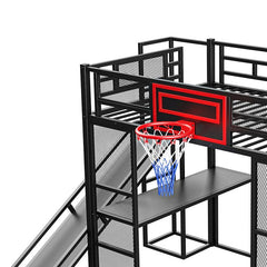 Bellemave® Full Size Metal Loft Bed with Built - in Desk, Open Wardrobe, Basketball Hoop, Slide and Staircase - Bellemave