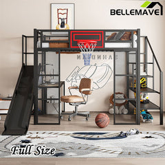 Bellemave® Full Size Metal Loft Bed with Built - in Desk, Open Wardrobe, Basketball Hoop, Slide and Staircase - Bellemave
