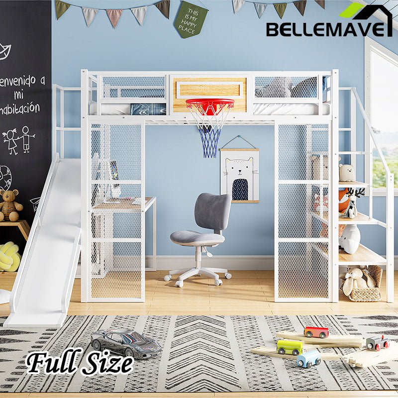 Bellemave® Full Size Metal Loft Bed with Built - in Desk, Open Wardrobe, Basketball Hoop, Slide and Staircase - Bellemave