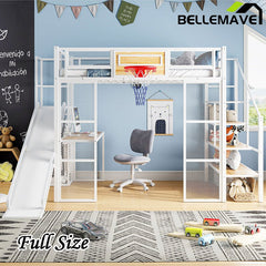 Bellemave® Full Size Metal Loft Bed with Built - in Desk, Open Wardrobe, Basketball Hoop, Slide and Staircase - Bellemave