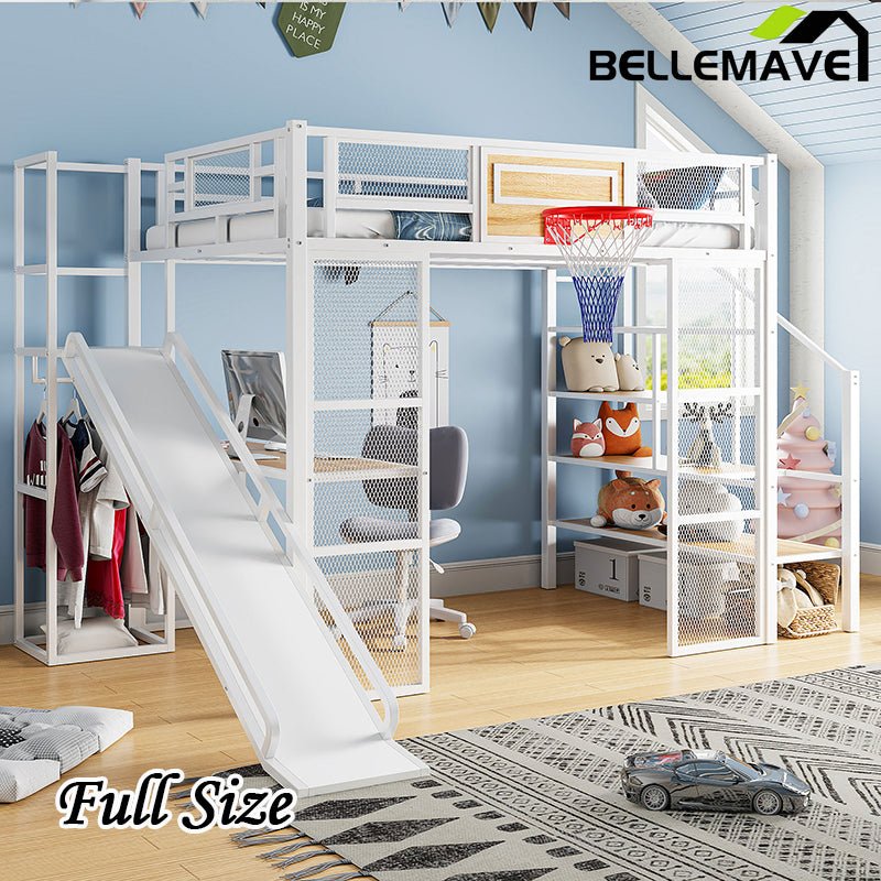 Bellemave® Full Size Metal Loft Bed with Built - in Desk, Open Wardrobe, Basketball Hoop, Slide and Staircase - Bellemave