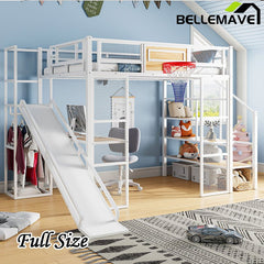 Bellemave® Full Size Metal Loft Bed with Built - in Desk, Open Wardrobe, Basketball Hoop, Slide and Staircase - Bellemave