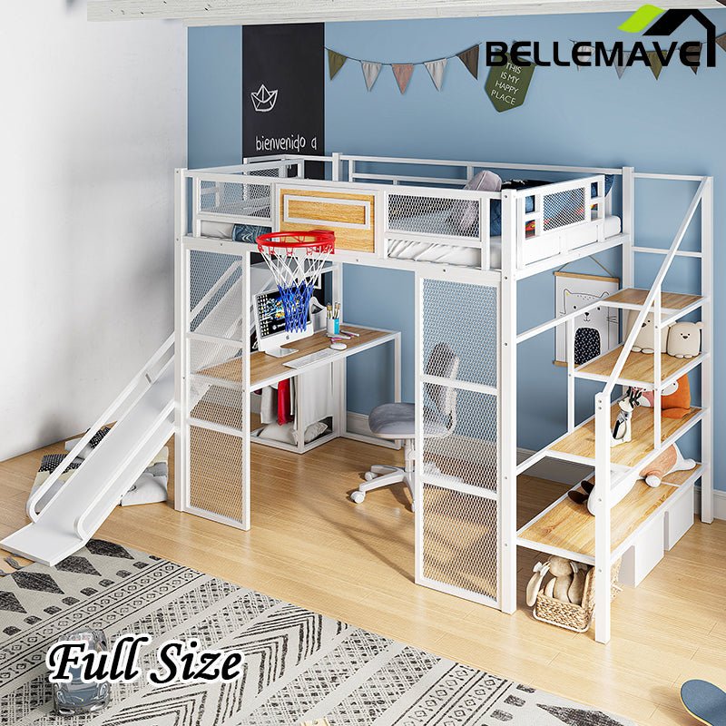 Bellemave® Full Size Metal Loft Bed with Built - in Desk, Open Wardrobe, Basketball Hoop, Slide and Staircase - Bellemave