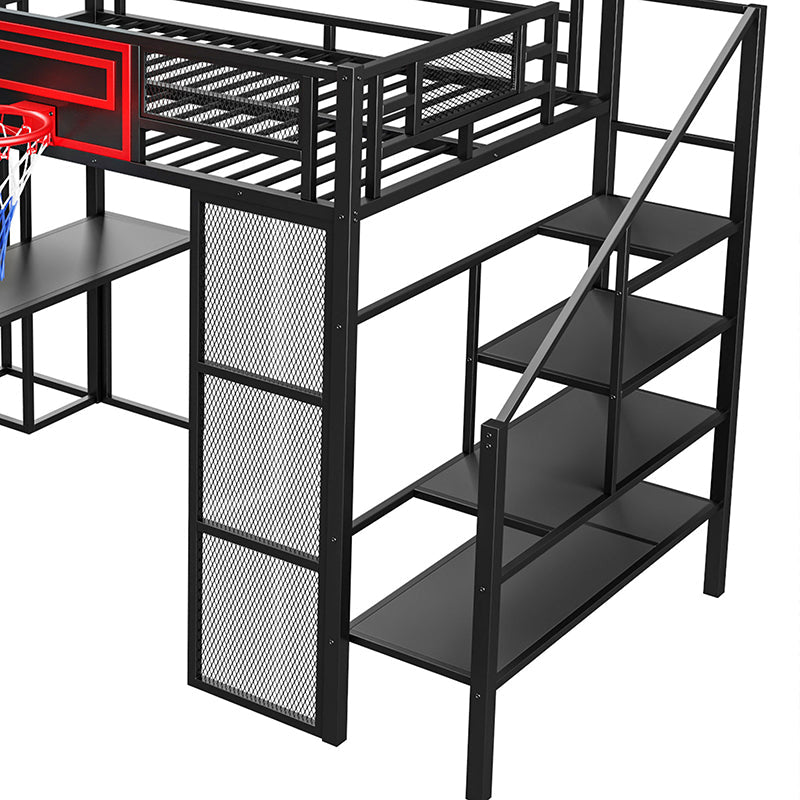 Bellemave® Full Size Metal Loft Bed with Built - in Desk, Open Wardrobe, Basketball Hoop, Slide and Staircase - Bellemave