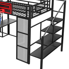 Bellemave® Full Size Metal Loft Bed with Built - in Desk, Open Wardrobe, Basketball Hoop, Slide and Staircase - Bellemave