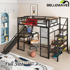Bellemave® Full Size Metal Loft Bed with Built - in Desk, Open Wardrobe, Basketball Hoop, Slide and Staircase - Bellemave
