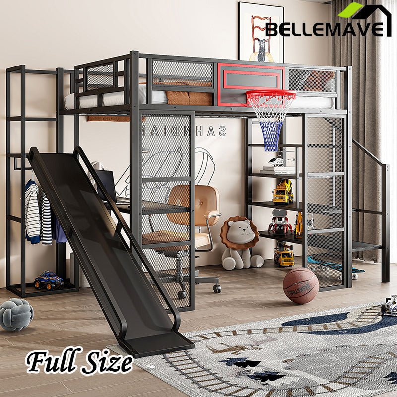 Bellemave® Full Size Metal Loft Bed with Built - in Desk, Open Wardrobe, Basketball Hoop, Slide and Staircase - Bellemave