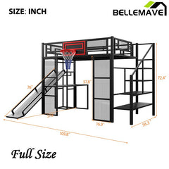 Bellemave® Full Size Metal Loft Bed with Built - in Desk, Open Wardrobe, Basketball Hoop, Slide and Staircase - Bellemave