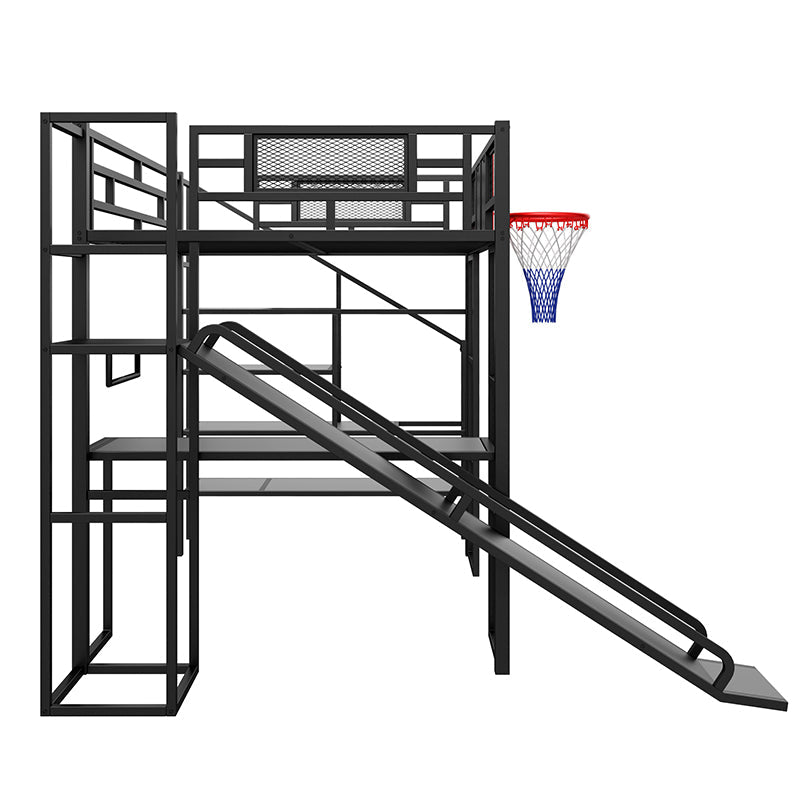 Bellemave® Full Size Metal Loft Bed with Built - in Desk, Open Wardrobe, Basketball Hoop, Slide and Staircase - Bellemave