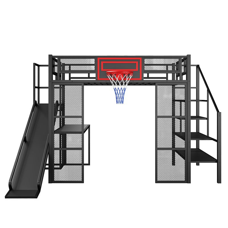 Bellemave® Full Size Metal Loft Bed with Built - in Desk, Open Wardrobe, Basketball Hoop, Slide and Staircase - Bellemave
