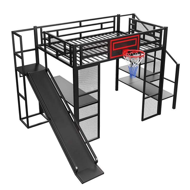 Bellemave® Full Size Metal Loft Bed with Built - in Desk, Open Wardrobe, Basketball Hoop, Slide and Staircase - Bellemave