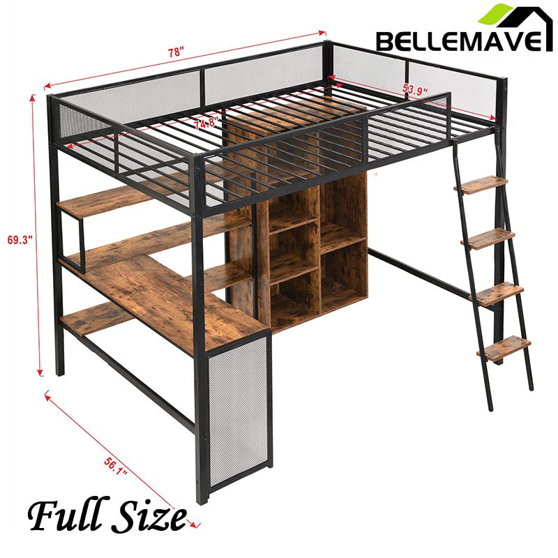 Bellemave® Full Size Metal Loft bed with Built - in Desk, Wardrobeand Shelves - Bellemave