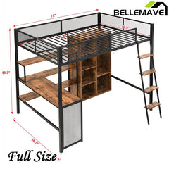 Bellemave® Full Size Metal Loft bed with Built - in Desk, Wardrobeand Shelves - Bellemave