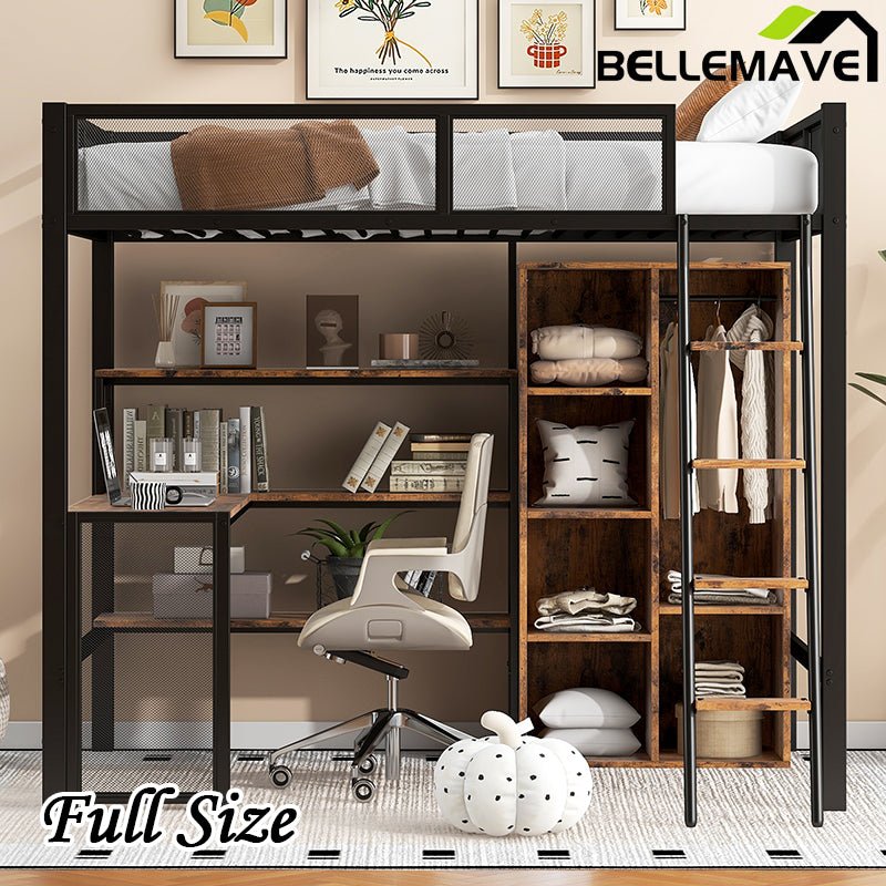 Bellemave® Full Size Metal Loft bed with Built - in Desk, Wardrobeand Shelves - Bellemave