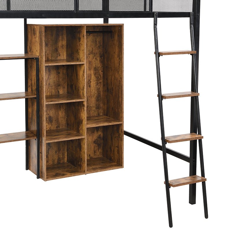 Bellemave® Full Size Metal Loft bed with Built - in Desk, Wardrobeand Shelves - Bellemave