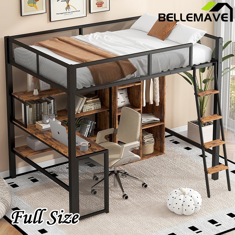 Bellemave® Full Size Metal Loft bed with Built - in Desk, Wardrobeand Shelves - Bellemave