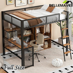 Bellemave® Full Size Metal Loft bed with Built - in Desk, Wardrobeand Shelves - Bellemave