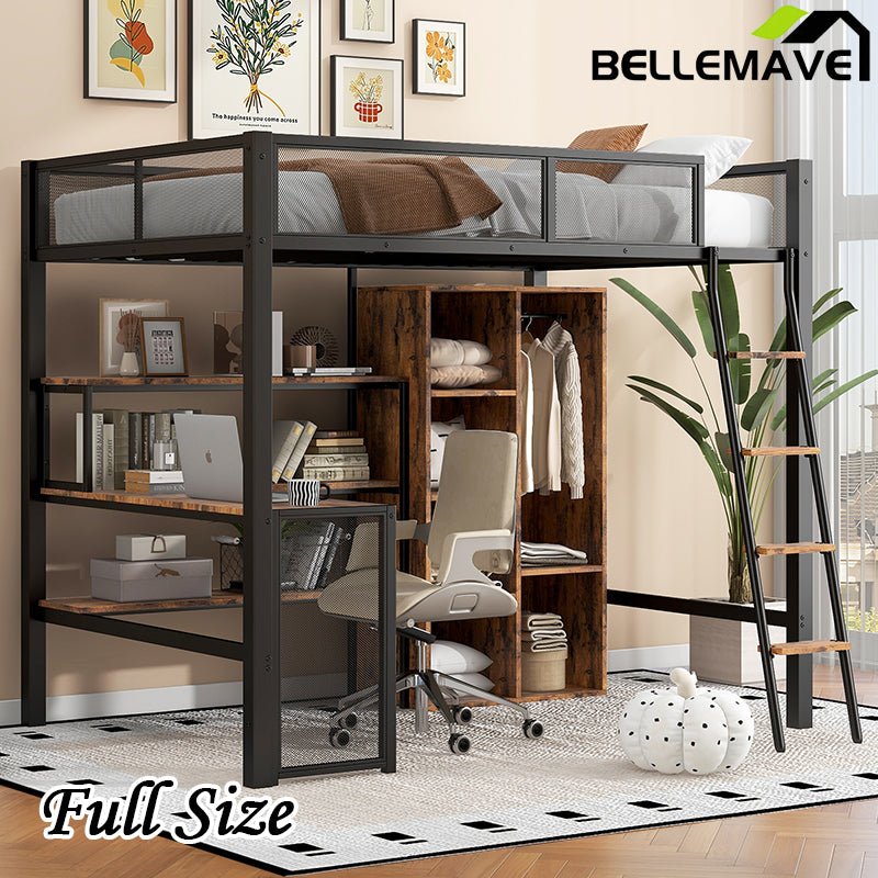 Bellemave® Full Size Metal Loft bed with Built - in Desk, Wardrobeand Shelves - Bellemave