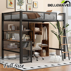 Bellemave® Full Size Metal Loft bed with Built - in Desk, Wardrobeand Shelves - Bellemave