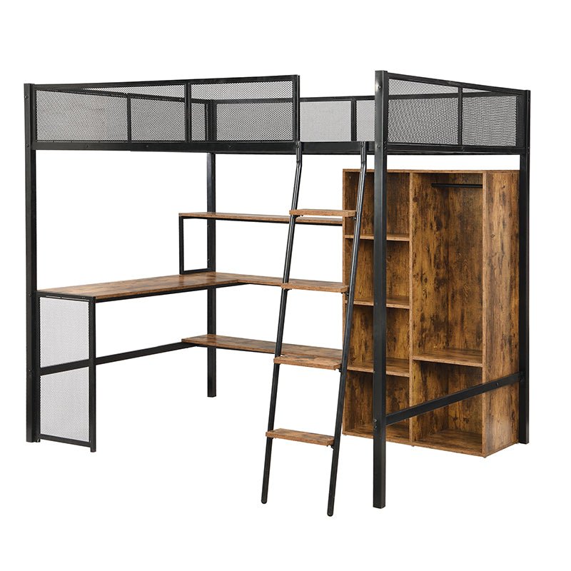 Bellemave® Full Size Metal Loft bed with Built - in Desk, Wardrobeand Shelves - Bellemave