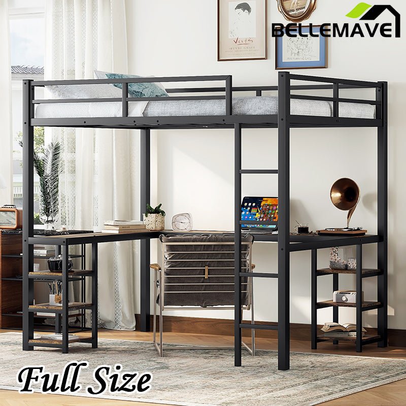 Bellemave® Full Size Metal Loft Bed with Desk and Shelves, Ladder and Guardrails - Bellemave