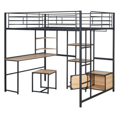 Bellemave® Full Size Metal Loft Bed with Desk and Stool,Open - Style Wardrobe, Shelves and Cabinet - Bellemave