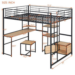 Bellemave® Full Size Metal Loft Bed with Desk and Stool,Open - Style Wardrobe, Shelves and Cabinet - Bellemave