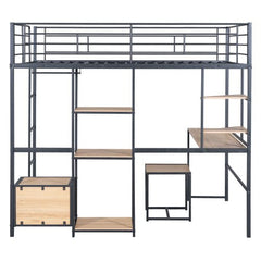 Bellemave® Full Size Metal Loft Bed with Desk and Stool,Open - Style Wardrobe, Shelves and Cabinet - Bellemave