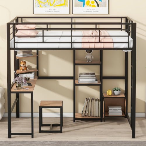 Bellemave® Full Size Metal Loft Bed with Desk and Stool,Open - Style Wardrobe, Shelves and Cabinet - Bellemave