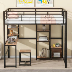 Bellemave® Full Size Metal Loft Bed with Desk and Stool,Open - Style Wardrobe, Shelves and Cabinet - Bellemave