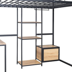 Bellemave® Full Size Metal Loft Bed with Desk and Stool,Open - Style Wardrobe, Shelves and Cabinet - Bellemave