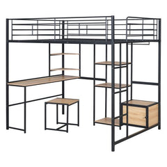 Bellemave® Full Size Metal Loft Bed with Desk and Stool,Open - Style Wardrobe, Shelves and Cabinet - Bellemave