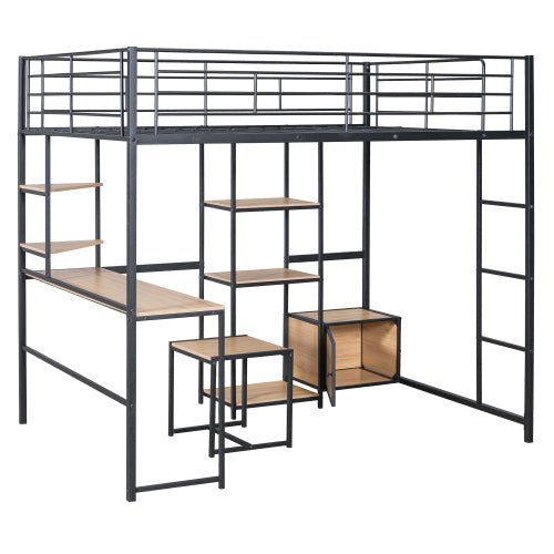 Bellemave® Full Size Metal Loft Bed with Desk and Stool,Open - Style Wardrobe, Shelves and Cabinet - Bellemave