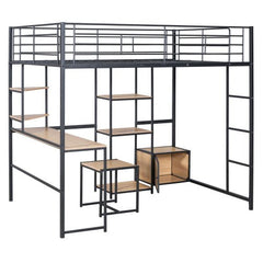 Bellemave® Full Size Metal Loft Bed with Desk and Stool,Open - Style Wardrobe, Shelves and Cabinet - Bellemave
