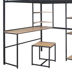 Bellemave® Full Size Metal Loft Bed with Desk and Stool,Open - Style Wardrobe, Shelves and Cabinet - Bellemave