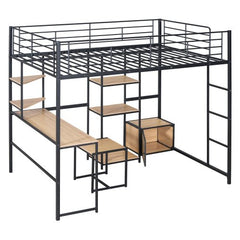 Bellemave® Full Size Metal Loft Bed with Desk and Stool,Open - Style Wardrobe, Shelves and Cabinet - Bellemave