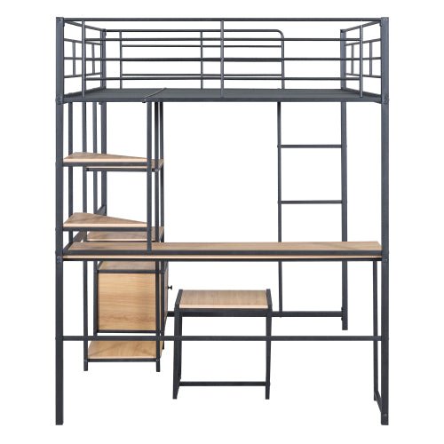 Bellemave® Full Size Metal Loft Bed with Desk and Stool,Open - Style Wardrobe, Shelves and Cabinet - Bellemave