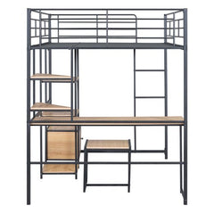 Bellemave® Full Size Metal Loft Bed with Desk and Stool,Open - Style Wardrobe, Shelves and Cabinet - Bellemave