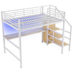 Bellemave® Full Size Metal Loft Bed with Desk, Storage Staircase, Small Wardrobe and LED Light - Bellemave