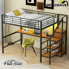 Bellemave® Full Size Metal Loft Bed with Desk, Storage Staircase, Small Wardrobe and LED Light - Bellemave