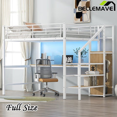 Bellemave® Full Size Metal Loft Bed with Desk, Storage Staircase, Small Wardrobe and LED Light - Bellemave