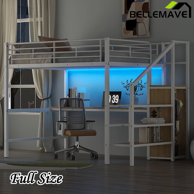 Bellemave® Full Size Metal Loft Bed with Desk, Storage Staircase, Small Wardrobe and LED Light - Bellemave
