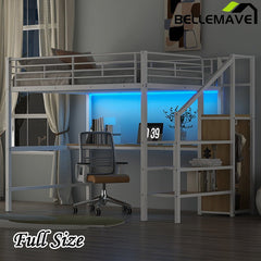 Bellemave® Full Size Metal Loft Bed with Desk, Storage Staircase, Small Wardrobe and LED Light - Bellemave